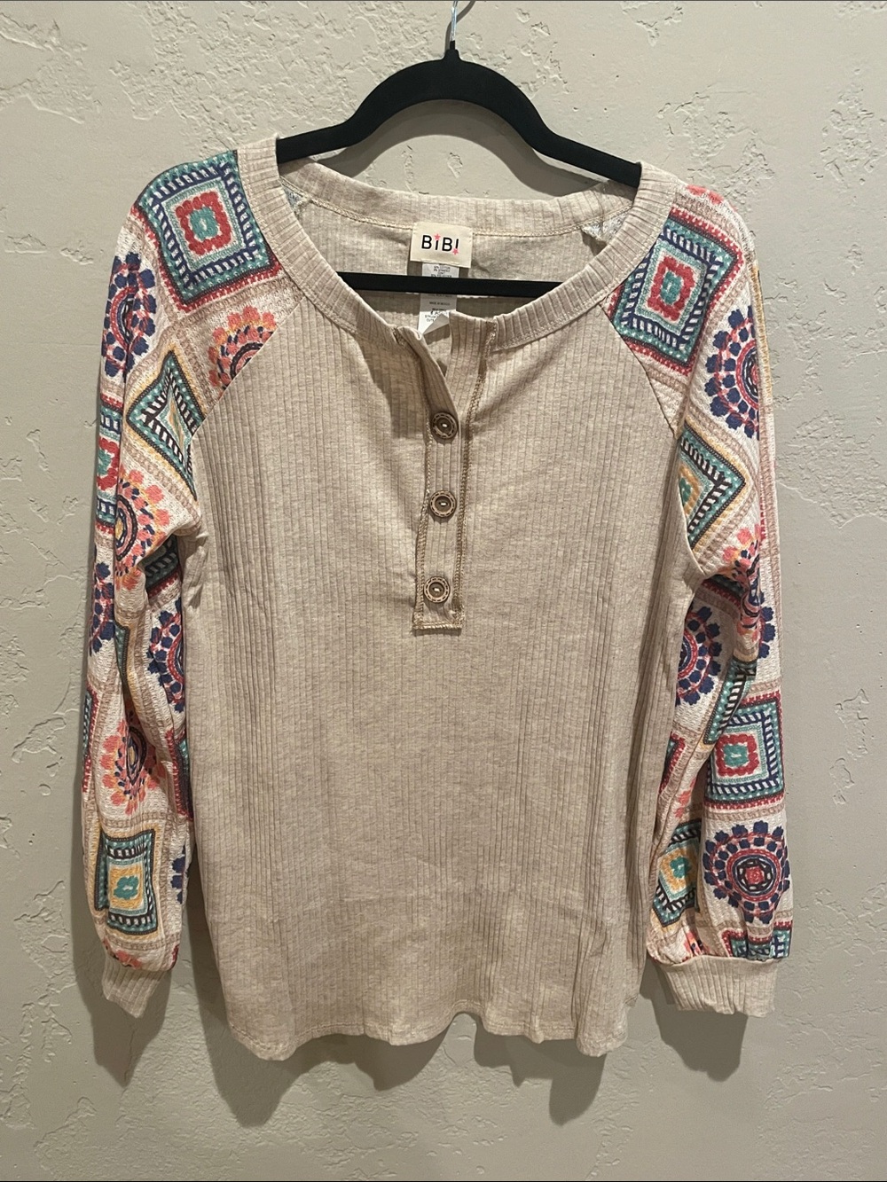 Boutique Label Henley Top w/ Patterned Sleeves